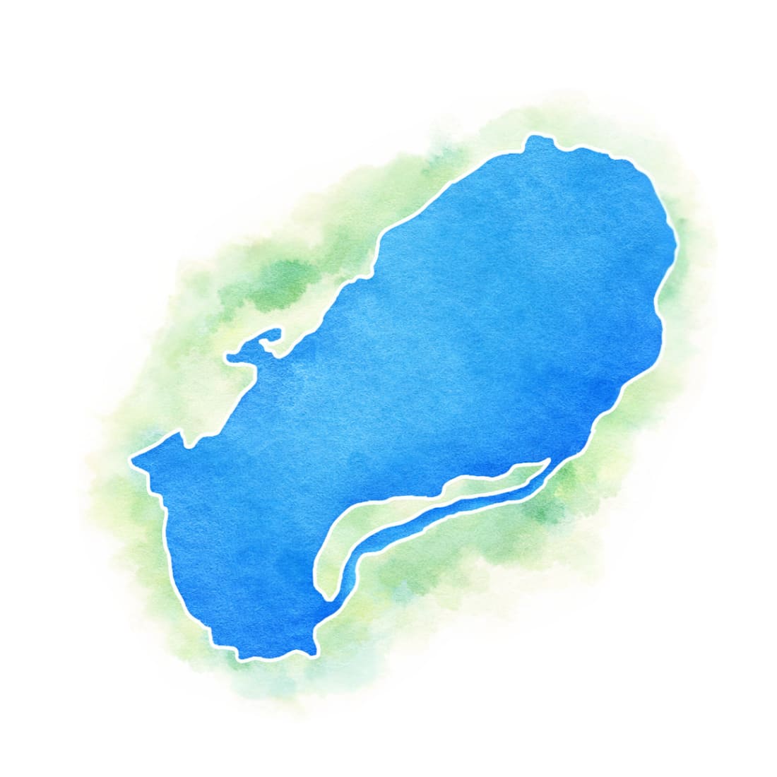 Stilisierte Aquarell-Illustration des Plauer Sees in Mecklenburg-Vorpommern, geeignet zum Schnorcheln