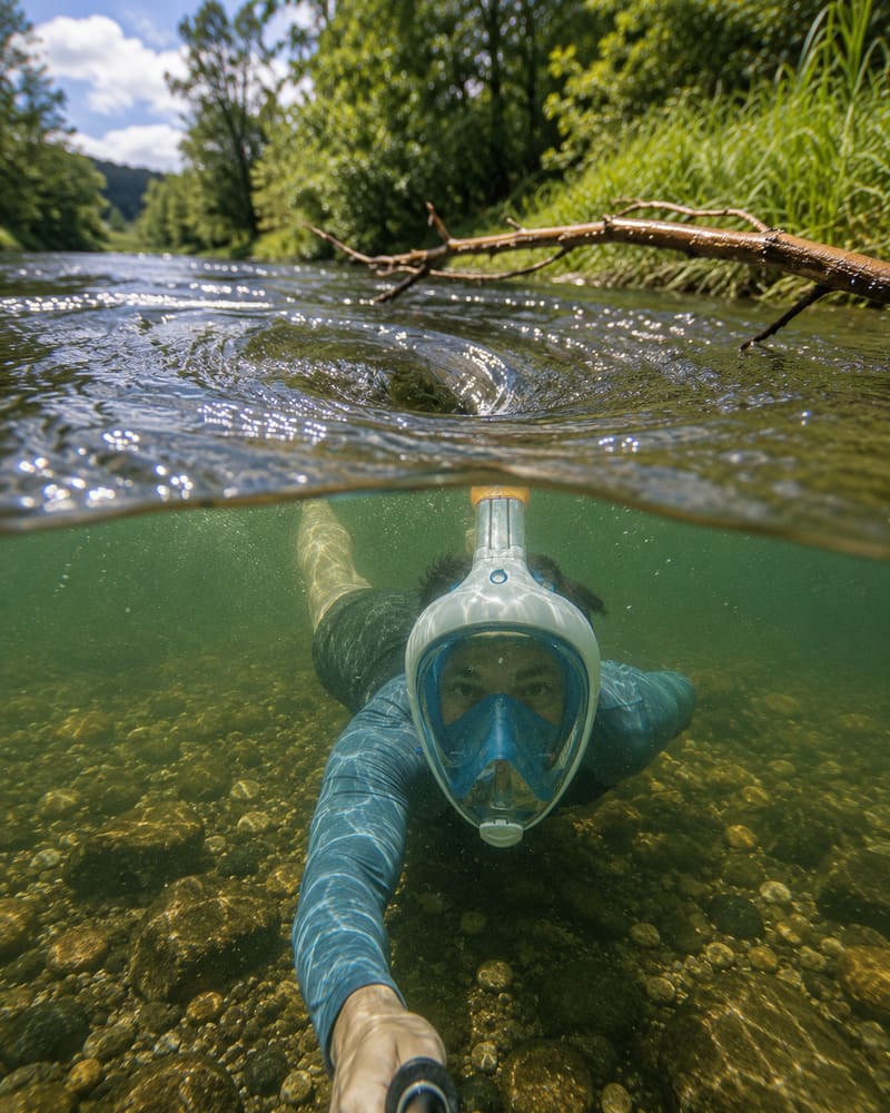Schnorchler in einem Fluss mit Steinen und Hindernissen unter Wasser